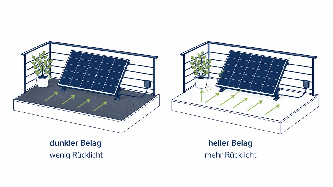 Vergleich dunkler und heller Balkonuntergründe für reflektiertes Licht.