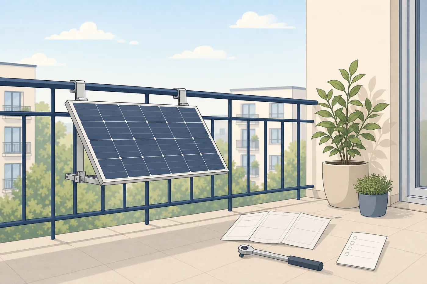 Balkon-Montageszene mit Solarmodul, Klemmhalterung, Werkzeug und blanker Checkliste.