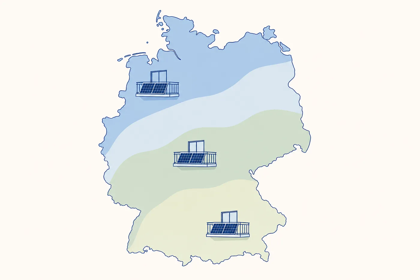 Deutschland-Karte mit vier Windzonen als Orientierung für Balkonkraftwerk-Halterungen.
