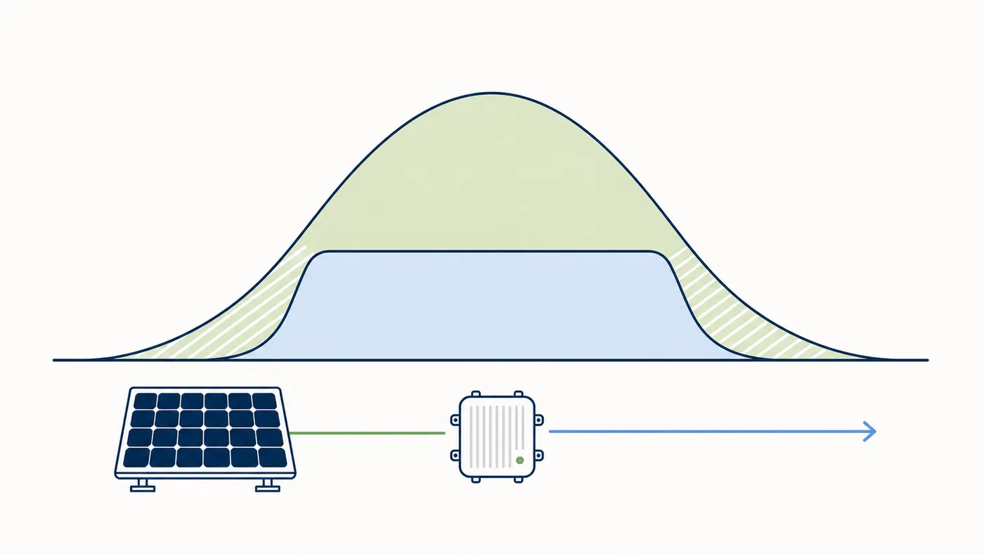 Diagramm: Tagesertragskurve mit und ohne Drossel-Plateau in der Mittagsspitze.