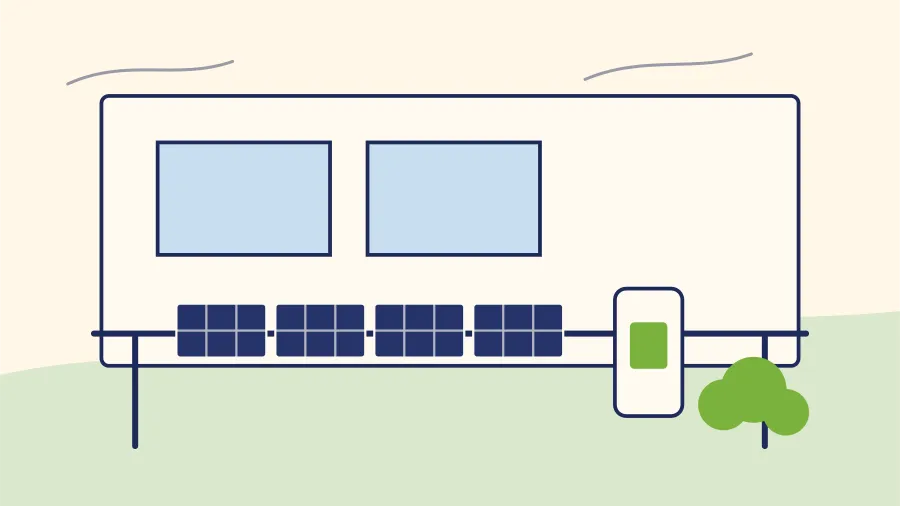 Textfreie Editorial-Szene eines Stadtbalkons mit vier generischen Solarmodulen und Mini-Speicher.