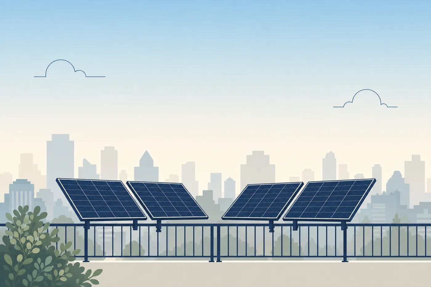 Erweiterter Balkon mit vier Solarmodulen in Ost-West-Aufstellung vor einer ruhigen Stadtkulisse.