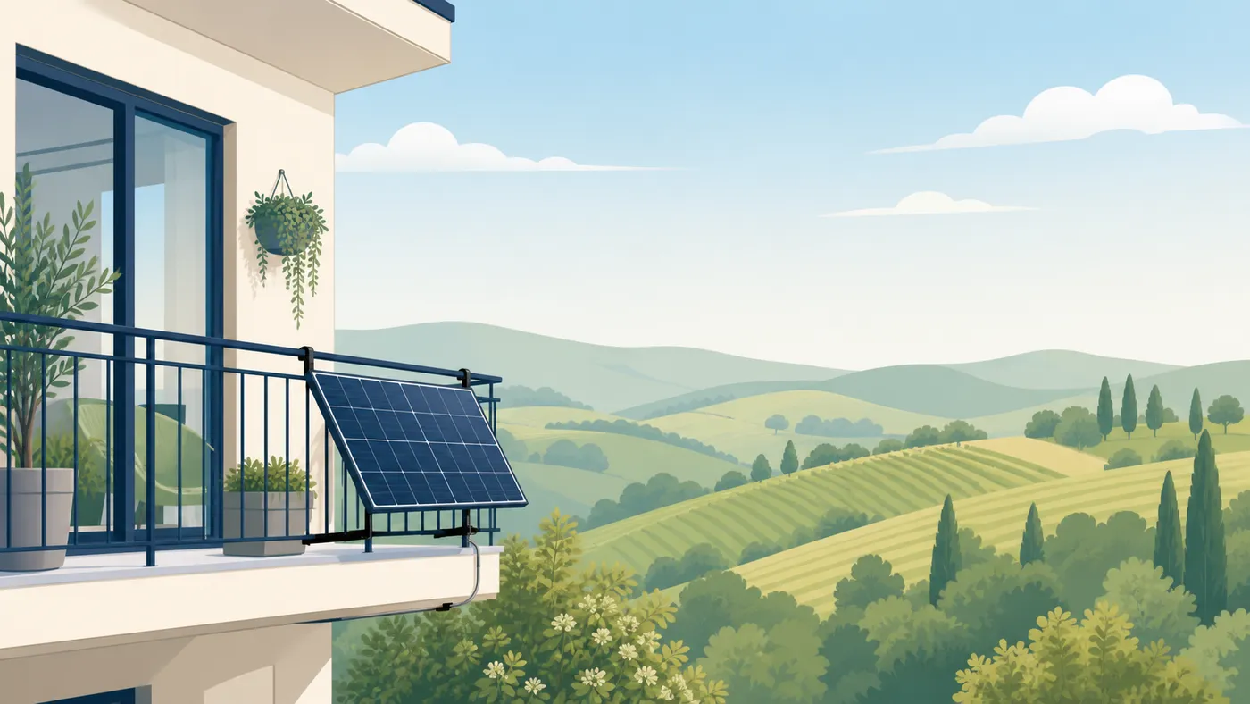 Balkon mit Steckersolar-Modul vor einer sanften niederösterreichischen Hügellandschaft.