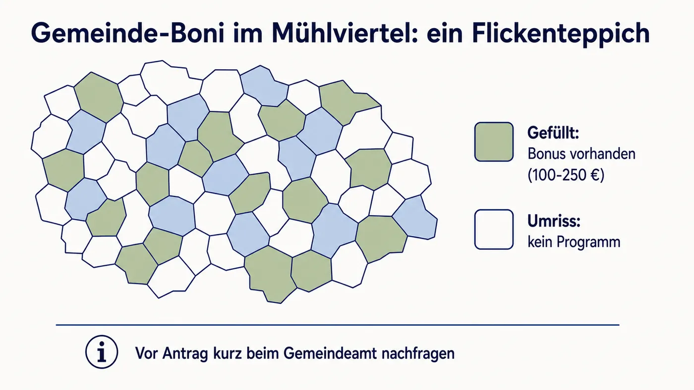 Mosaik aus gefüllten und leeren Kacheln als Bild für die uneinheitliche kommunale Bonuslandschaft im Mühlviertel, mit Legende für vorhandene und fehlende Programme.