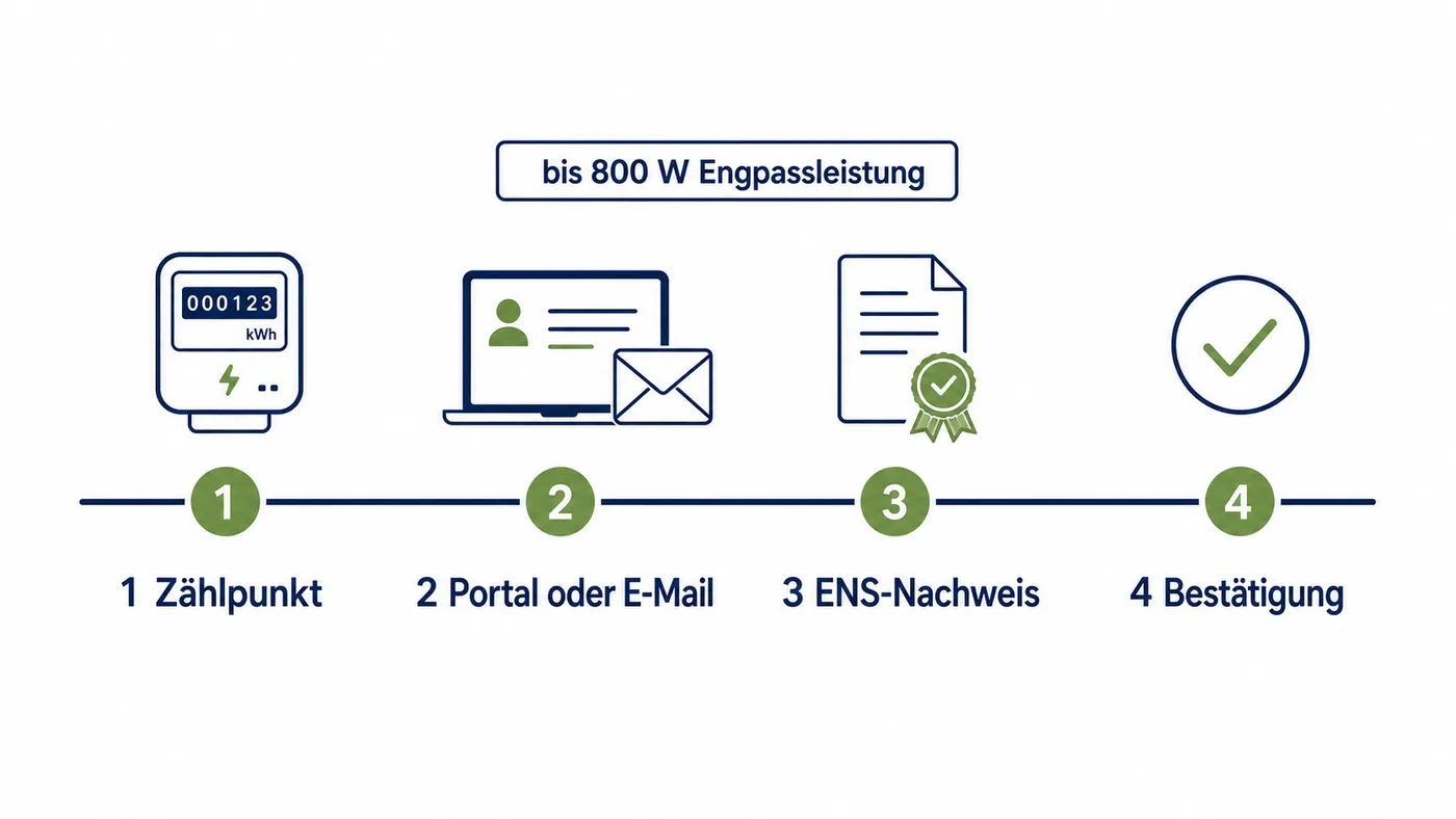 Vier Schritte führen vom Zählpunkt über Portal oder E-Mail und ENS-Nachweis zur Bestätigung für Anlagen bis 800 Watt.