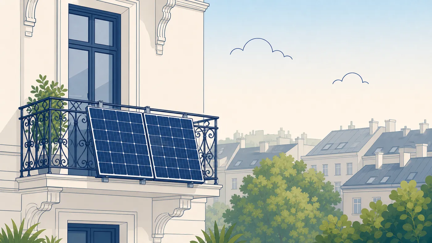 Wiener Gründerzeit-Balkon mit zwei generischen Solarmodulen am Geländer im Seitenanschnitt, als ruhiges Auflockerungsbild.