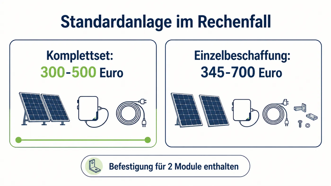 Vergleichskarten zeigen 300 bis 500 Euro für das Komplettset und 345 bis 700 Euro für Einzelbeschaffung.