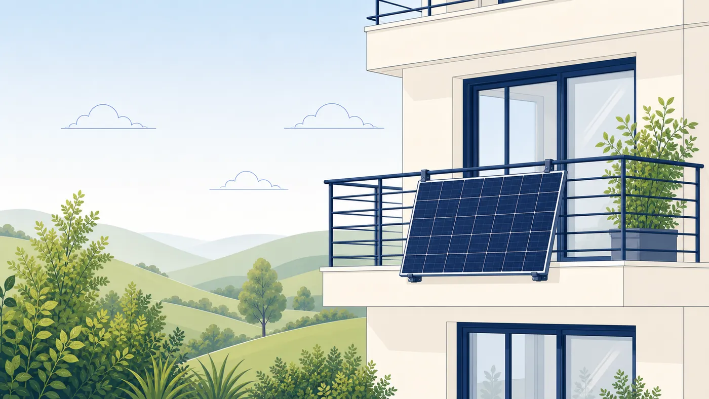 Mehrfamilienhaus-Balkon mit einem reversibel an der Geländerbrüstung eingehängten Solarmodul vor gestaffelten Hügeln.