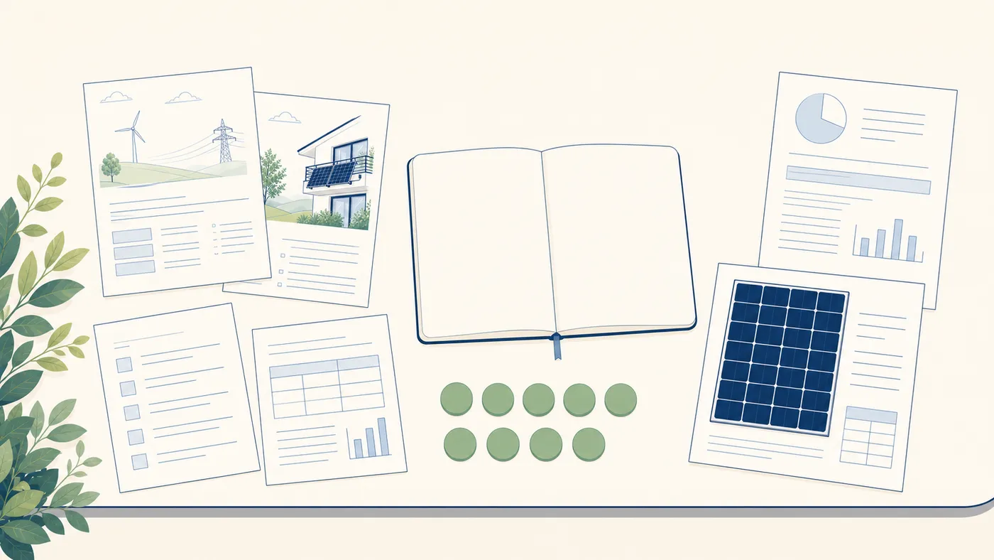 Planungstisch mit Beschluss- und Antragsunterlagen, offenem Notizbuch, sage-grünen Abstimmungsmarken und einem Balkon-Modul-Datenblatt.