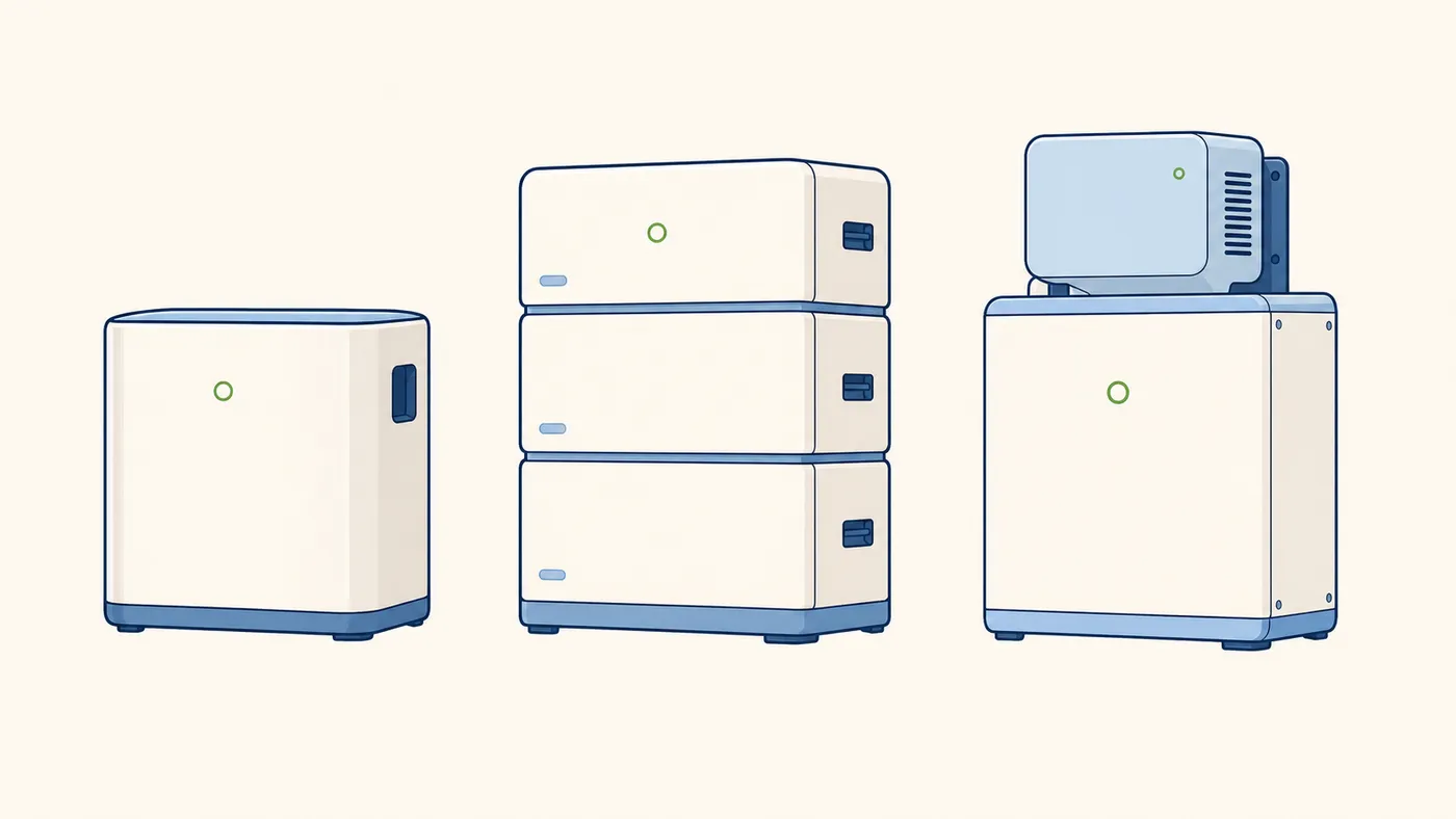Drei Schema-Boxen: fester Mini-Speicher, modularer Speicher mit Stack, integriertes Bundle.