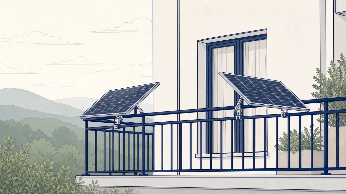 Detailansicht einer Ost-West-Aufständerung am Balkongeländer mit zwei entgegengesetzt geneigten Solarmodulen.