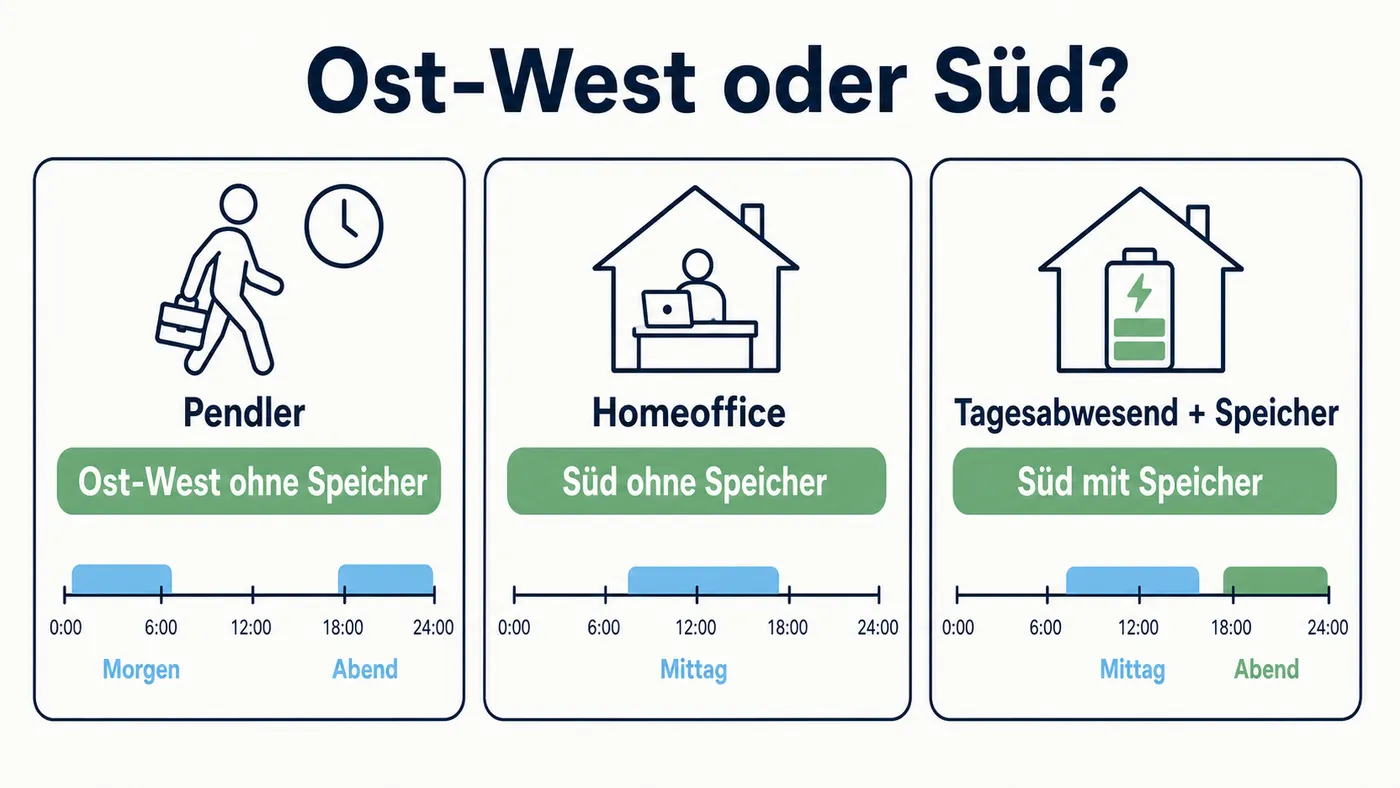 Drei Haushaltstypen im Vergleich: Pendler mit Ost-West ohne Speicher, Tagespräsenz mit Süd ohne Speicher, Tagesabwesend mit Süd plus Speicher.