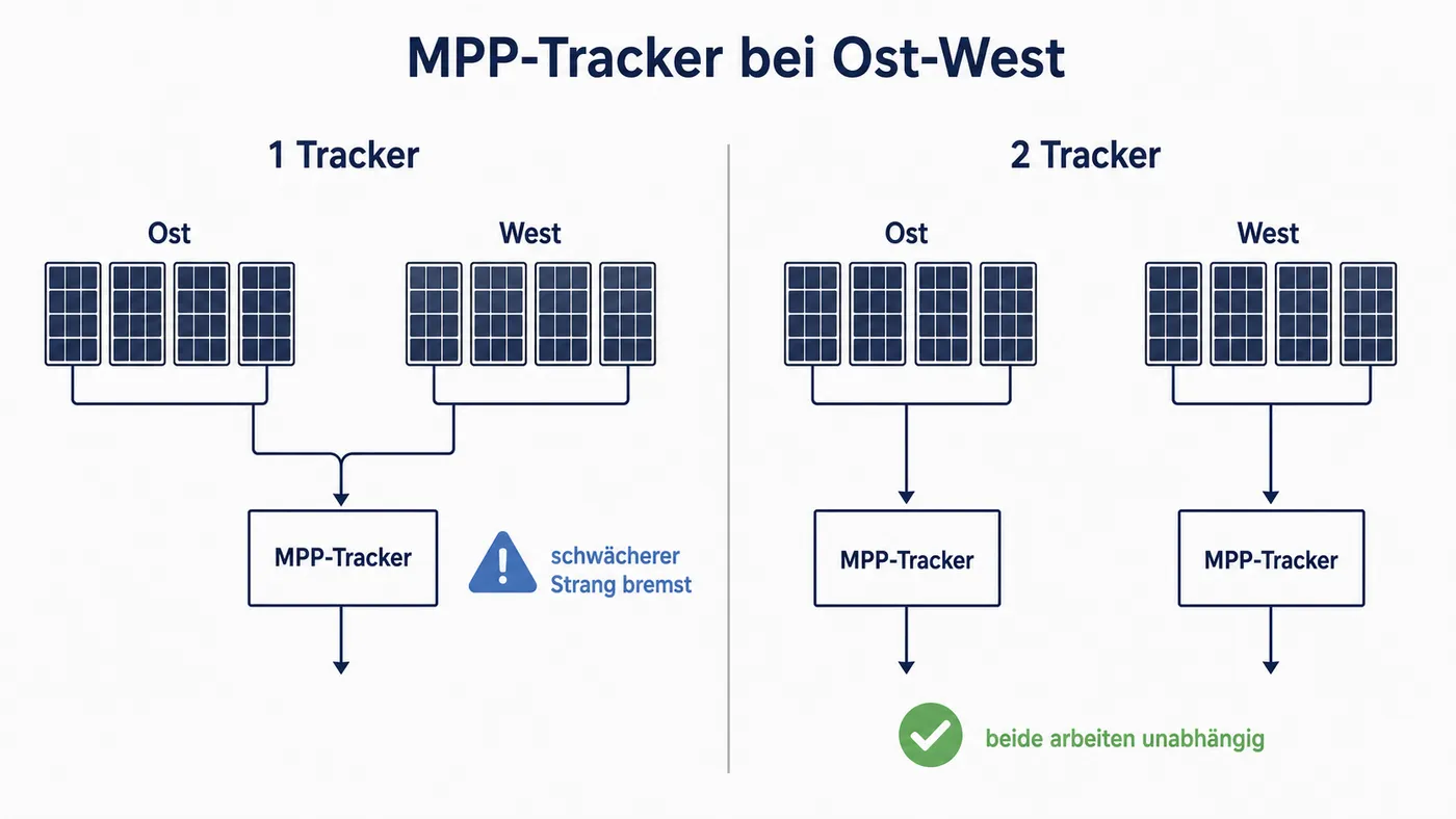 Schema: Ost- und West-Module an einem gemeinsamen MPP-Tracker gegen zwei getrennte Tracker.