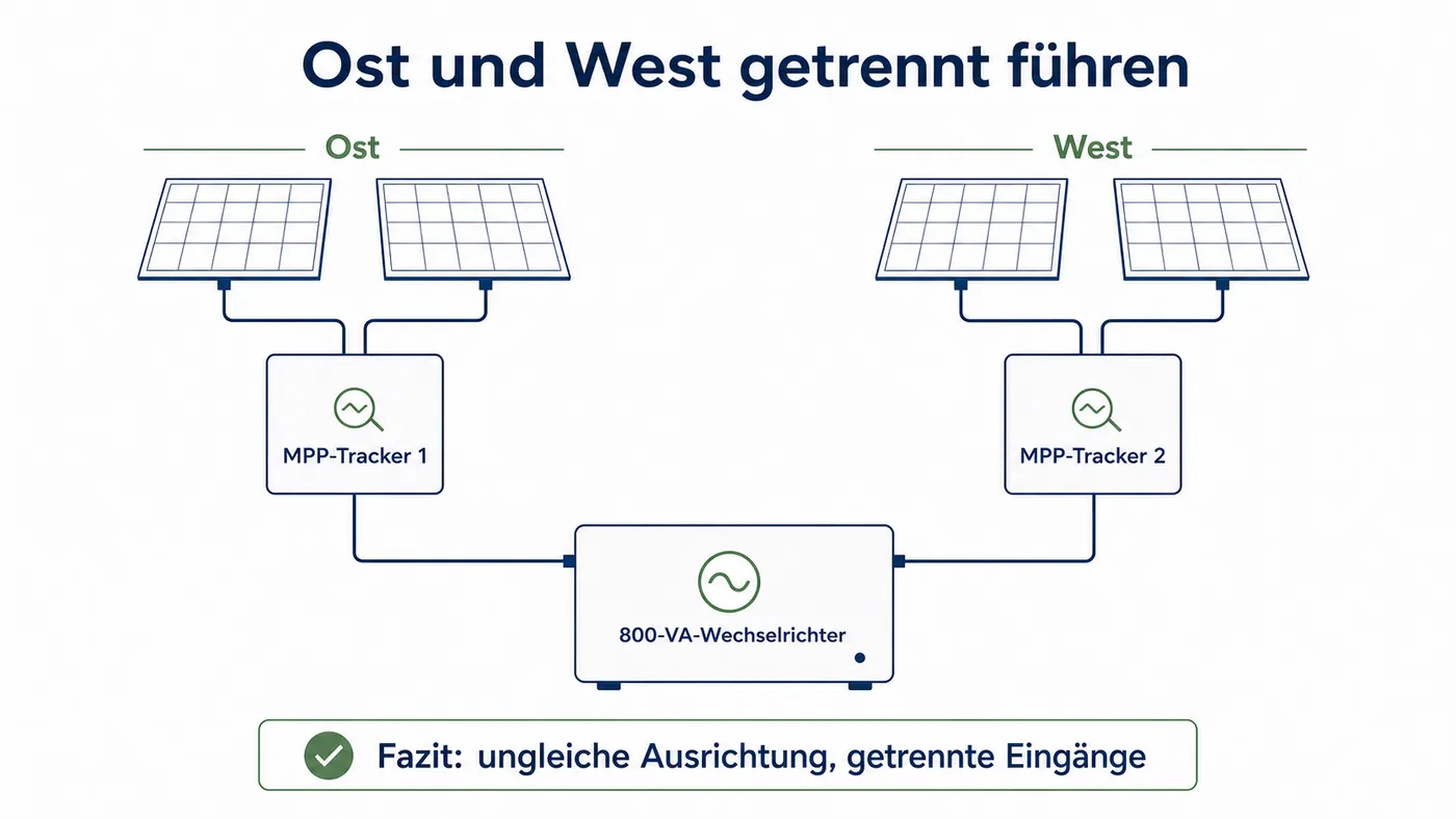 Ost- und Westmodule führen über zwei getrennte MPP-Tracker zu einem 800-VA-Wechselrichter.