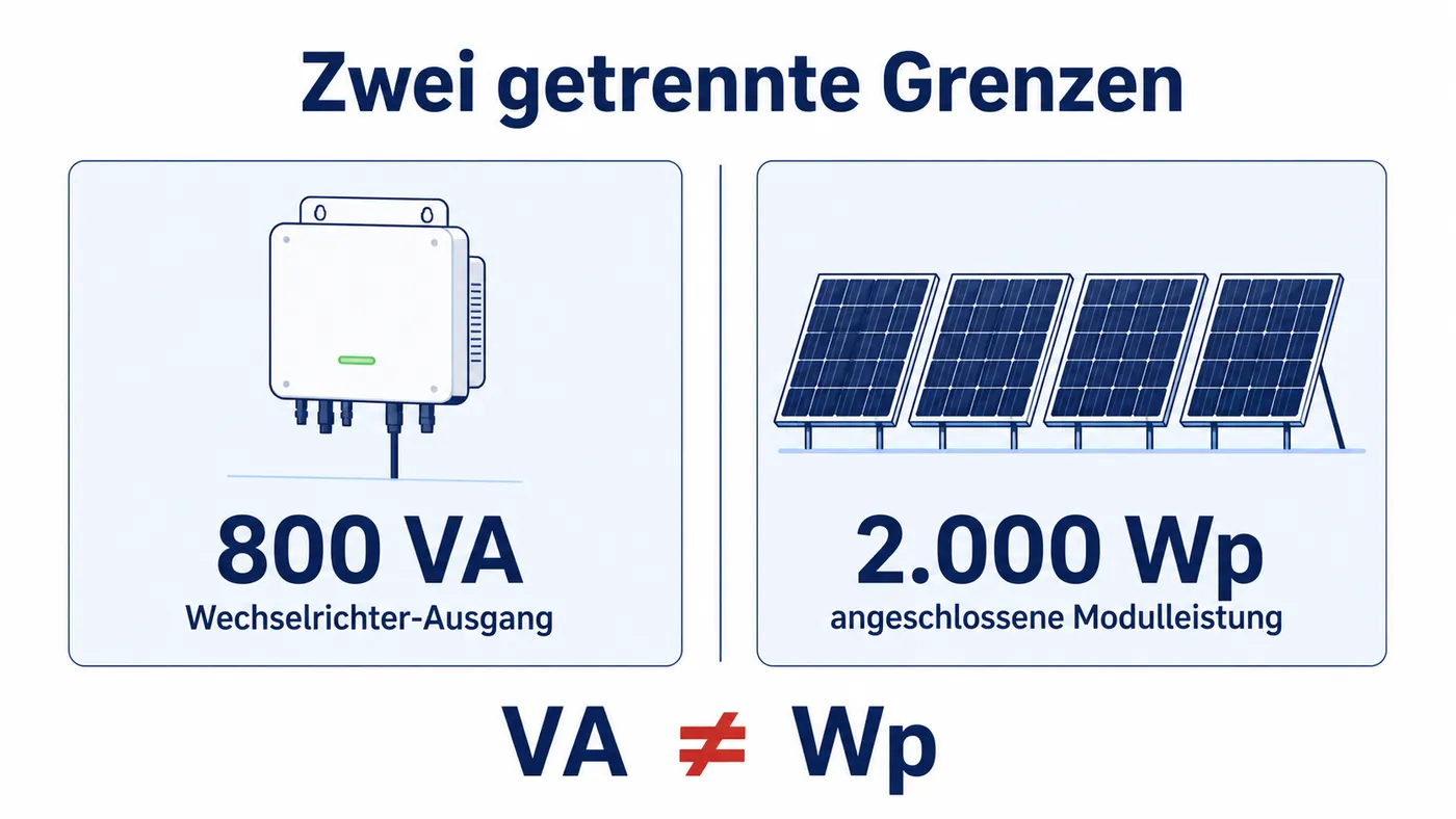 Vergleich trennt 800 VA Wechselrichter-Ausgang von 2.000 Wp angeschlossener Modulleistung.