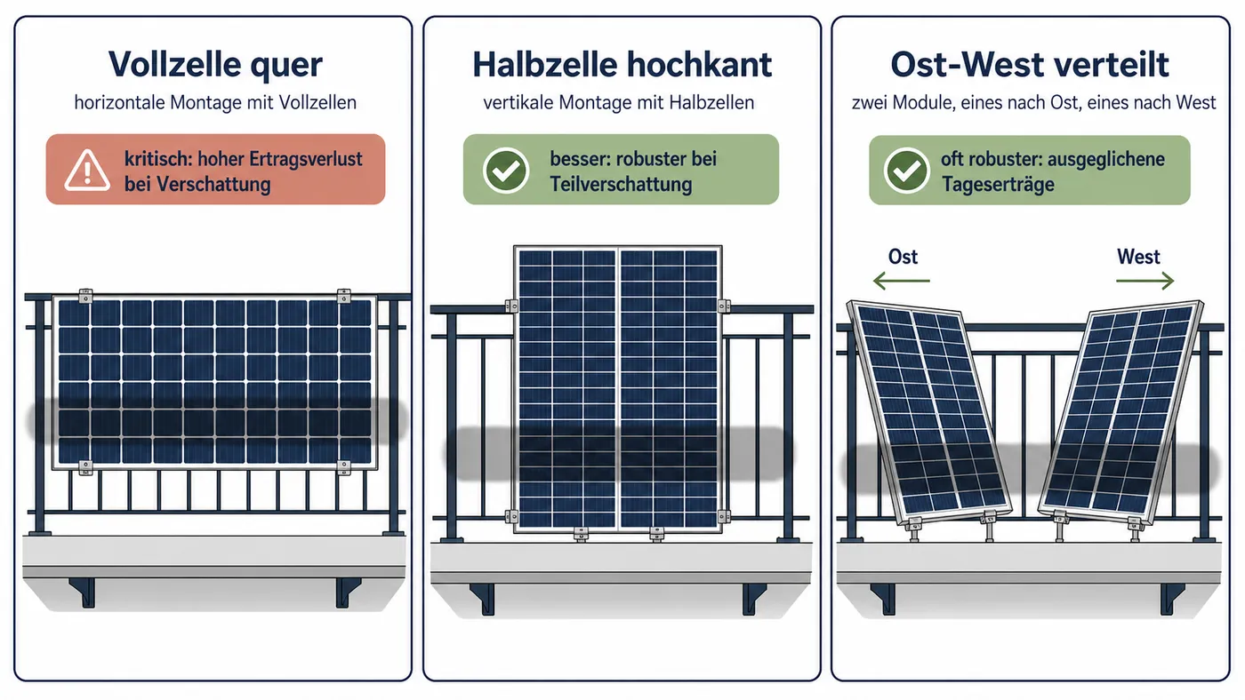 Vergleich von Vollzellen-, Halbzellen- und Ost-West-Ausrichtung bei Schatten.
