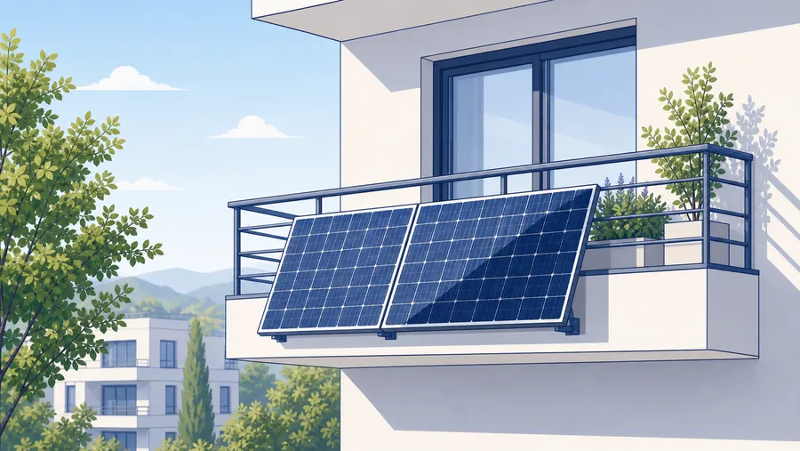 Balkonkraftwerk auf einem Balkon, teilweise durch Gelaender und Baum verschattet.