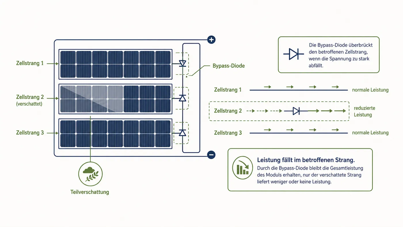 Solarmodul mit Zellstraengen und Bypass-Diode bei Teilverschattung.