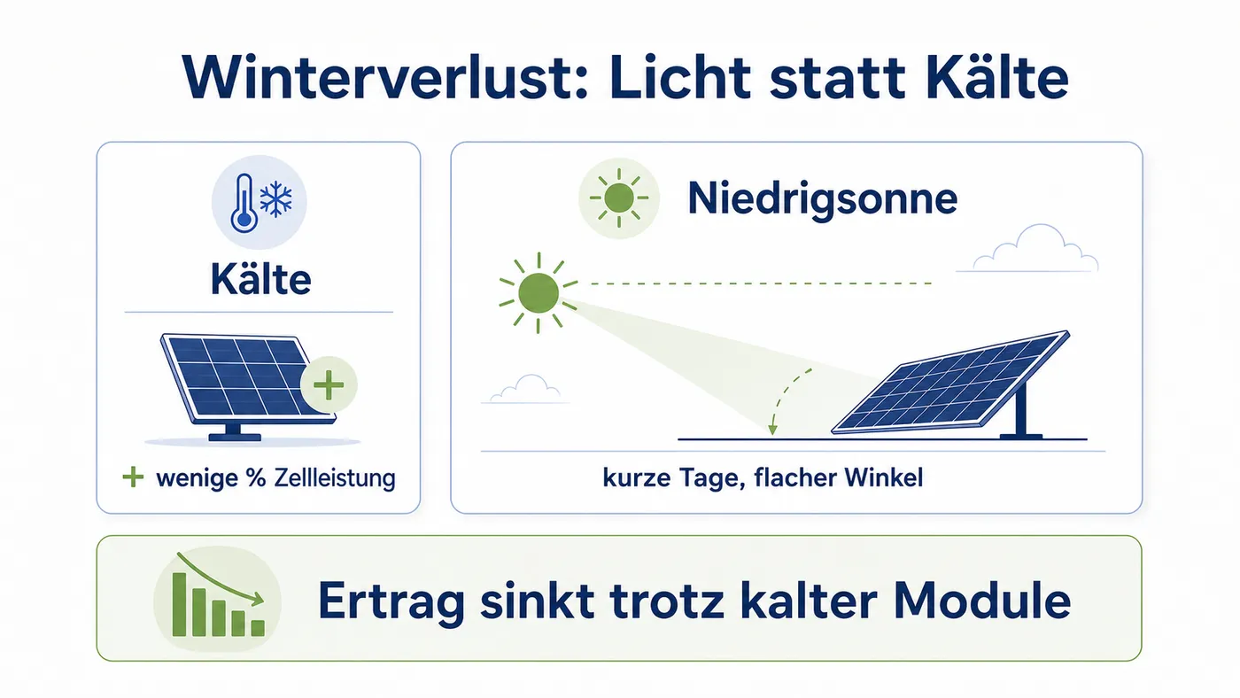 Erklärbild zeigt Kälte als kleinen Effizienzgewinn und Niedrigsonne als Hauptgrund für Winterverluste.