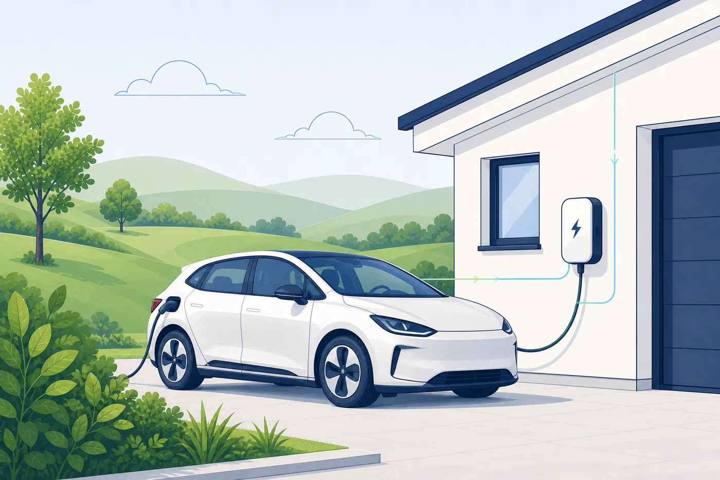 Generisches E-Auto an einer Wallbox vor einem Haus mit Energiefluss zum Gebäude.