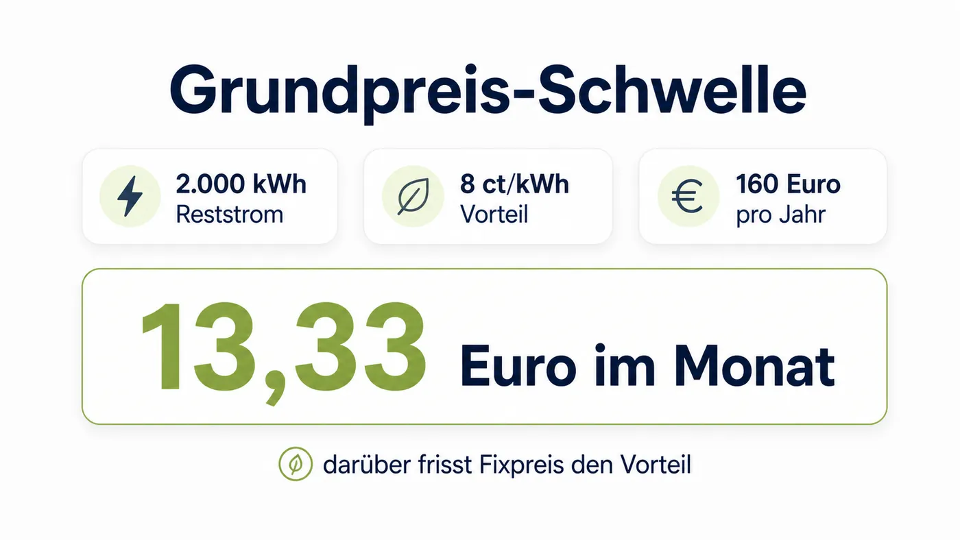 Rechenkarte führt 2.000 Kilowattstunden, 8 Cent Vorteil und 160 Euro pro Jahr zur Schwelle von 13,33 Euro im Monat.