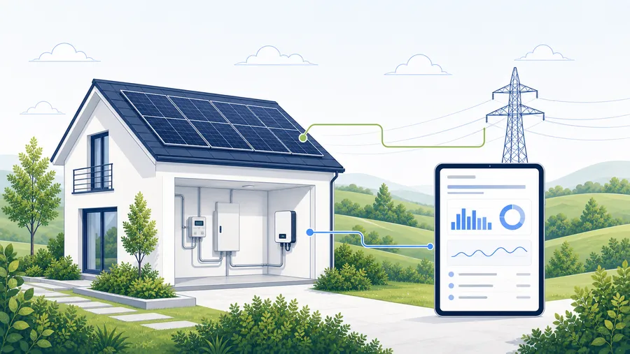 Haus mit PV-Anlage, leerem Technikraum und abstraktem Stromkonto zeigt die Trennung zwischen Energiefluss und Abrechnung.