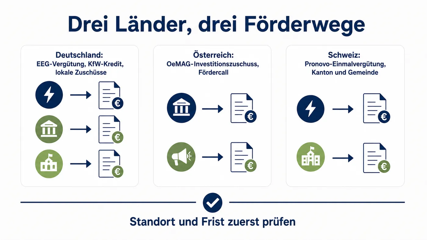 Drei Spalten zeigen EEG, KfW und lokale Zuschüsse in Deutschland, OeMAG in Österreich sowie Pronovo und lokale Beiträge in der Schweiz.
