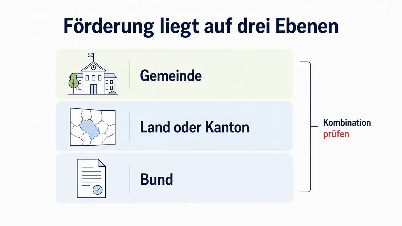 Förderstapel aus Gemeinde, Land oder Kanton und Bund mit Hinweis, die Kombination zu prüfen.