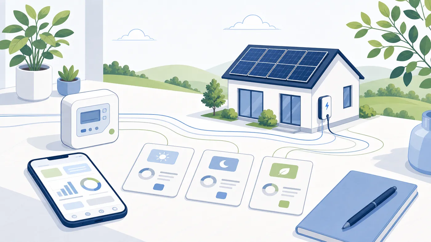 Planungstisch mit Smart-Meter, App-Ansicht und drei neutralen Tarifkarten für dynamische Stromanbieter.