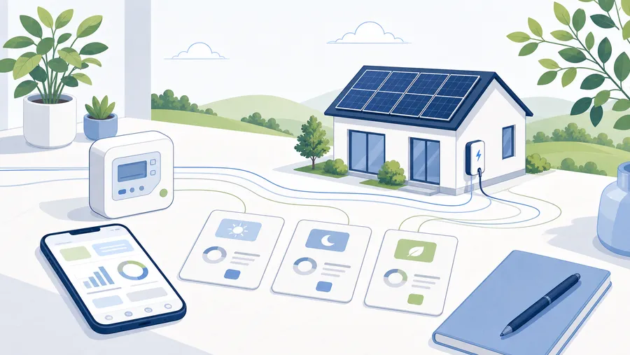 Planungstisch mit Smart-Meter, App-Ansicht und drei neutralen Tarifkarten für dynamische Stromanbieter.