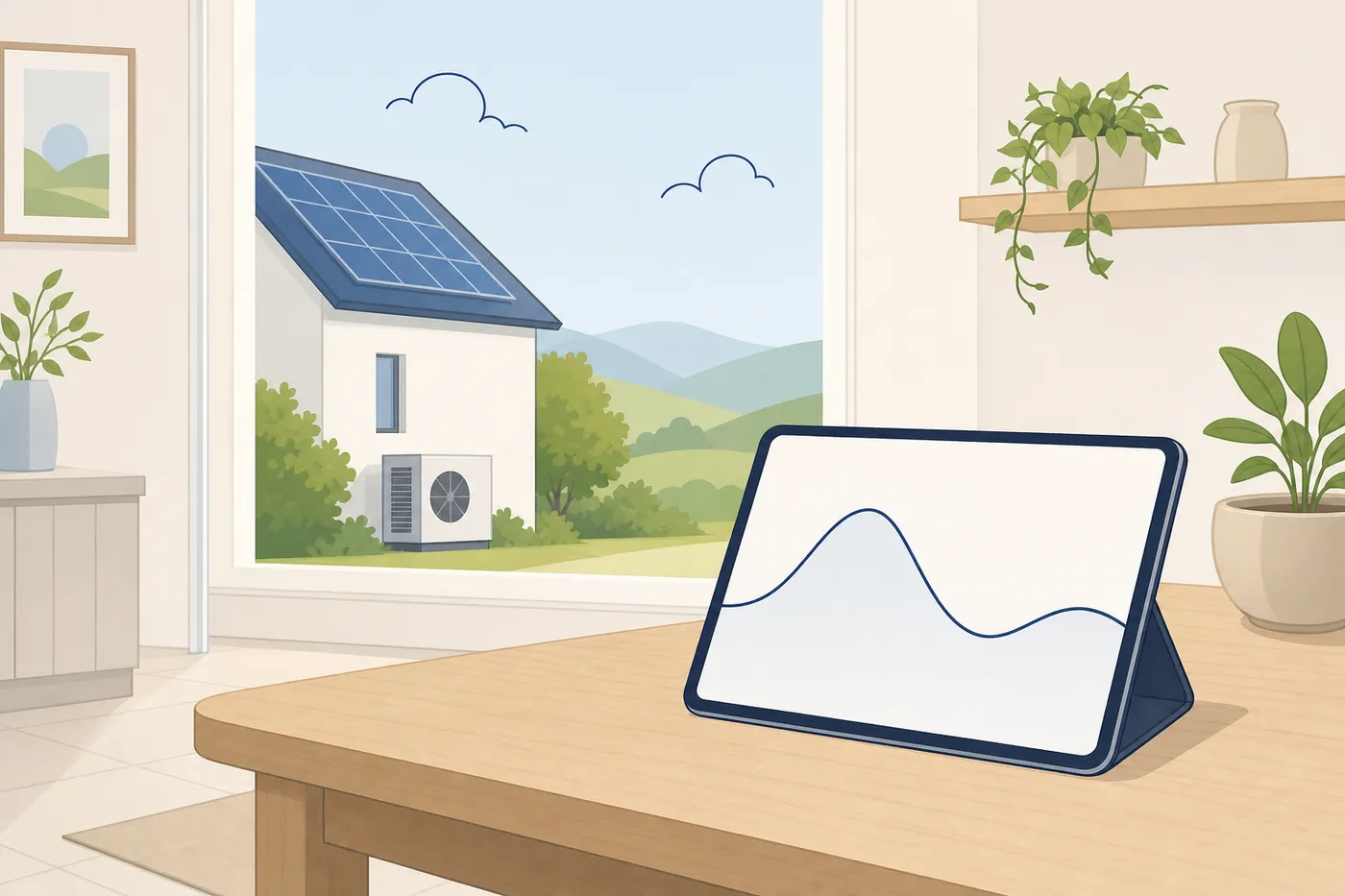 Tablet mit abstrakter Tarifkurve in einem Haushalt mit PV und Wärmepumpe im Hintergrund.