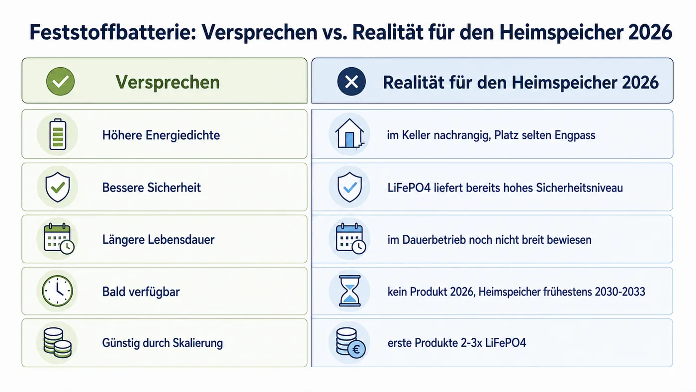 Fünf-Zeilen-Gegenüberstellung: beworbene Feststoff-Vorteile links, Marktrealität für den Heimspeicher 2026 rechts.