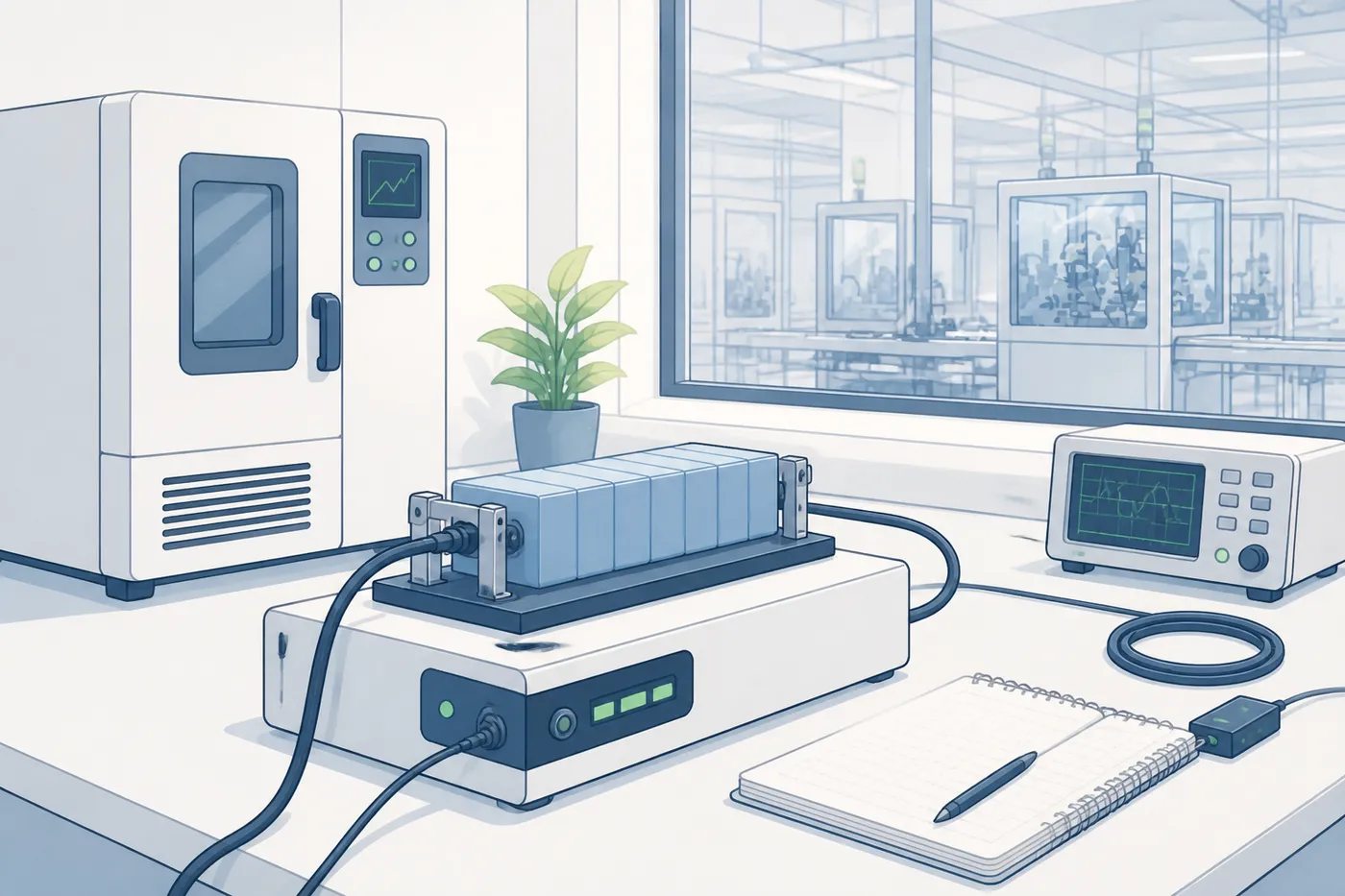 Laborprüfung einer Batteriezelle mit kontrollierter Temperatur, Messkabel und dokumentierten Bedingungen.