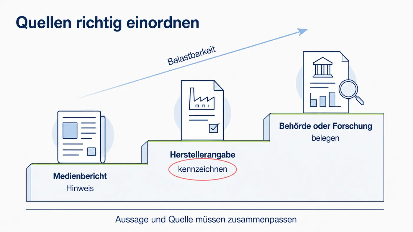 Quellentreppe ordnet Medienbericht als Hinweis, Herstellerangabe als zu kennzeichnende Aussage und Behörde oder Forschung als belastbaren Beleg ein.