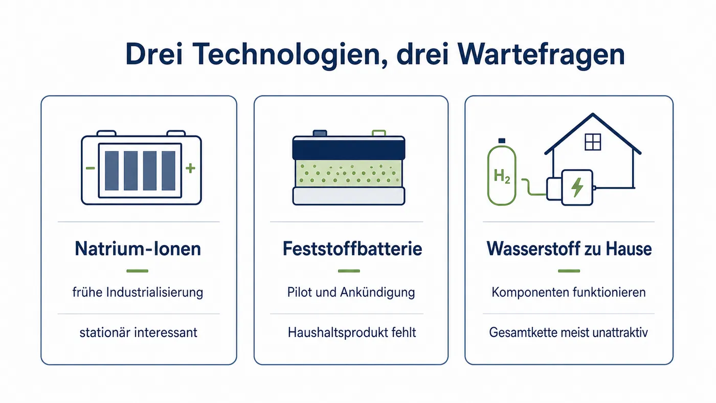Vergleich ordnet Natrium-Ionen der frühen Industrialisierung, Feststoffbatterien Pilot und Ankündigung sowie Wasserstoff einer meist unattraktiven Haushaltskette zu.