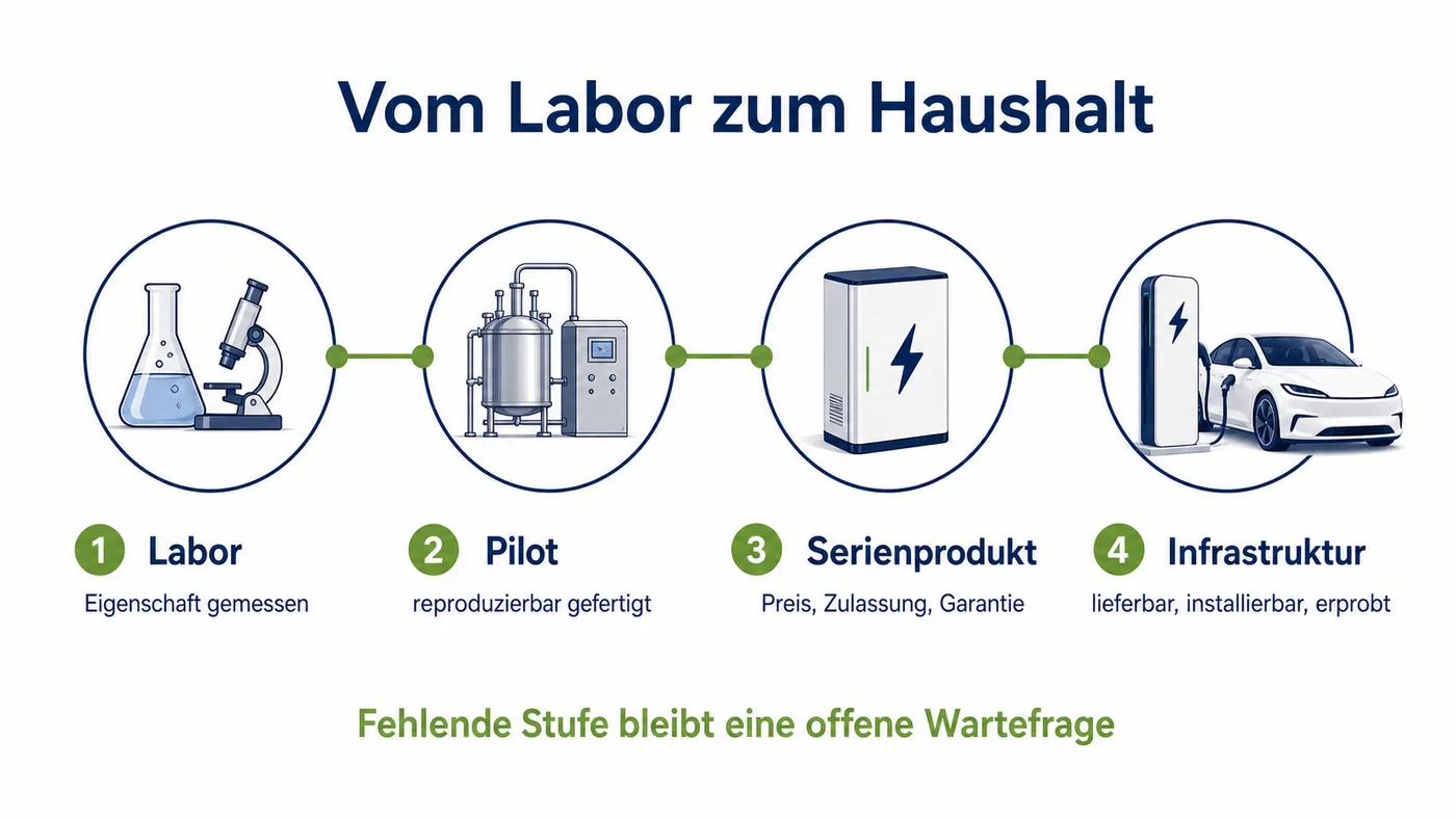 Vier Stufen führen vom gemessenen Laborwert über Pilotfertigung und Serienprodukt zur lieferbaren, installierbaren Infrastruktur.
