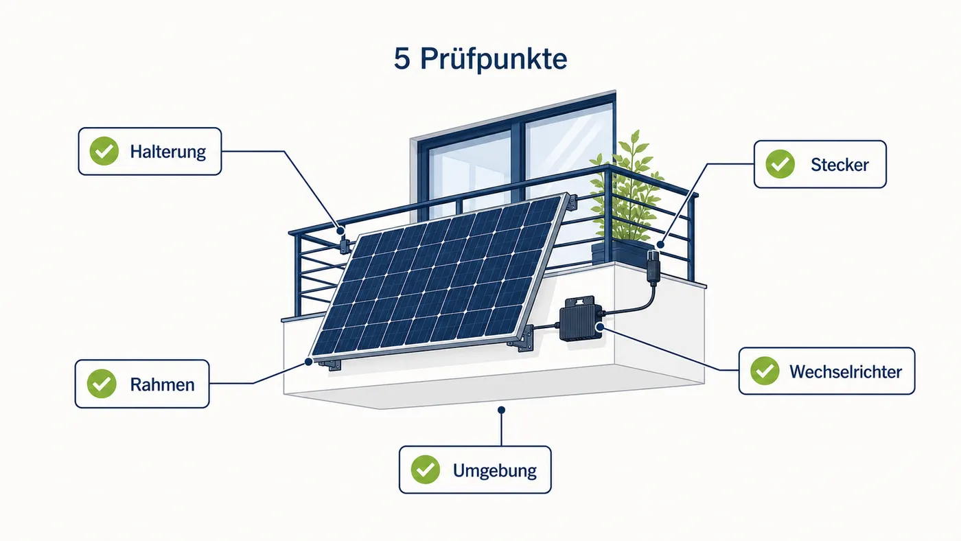Fünf Prüfpunkte an Balkonkraftwerk, Halterung, Steckern, Wechselrichter, Rahmen und Umgebung.