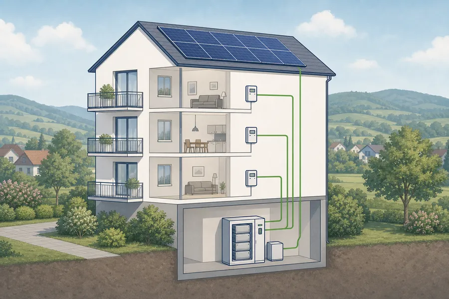 Mehrfamilienhaus mit PV, gemeinsamem Speicher und getrennten Messwegen zeigt, dass GGV Speicher, Vertrag und Verbrauch zusammenführt.