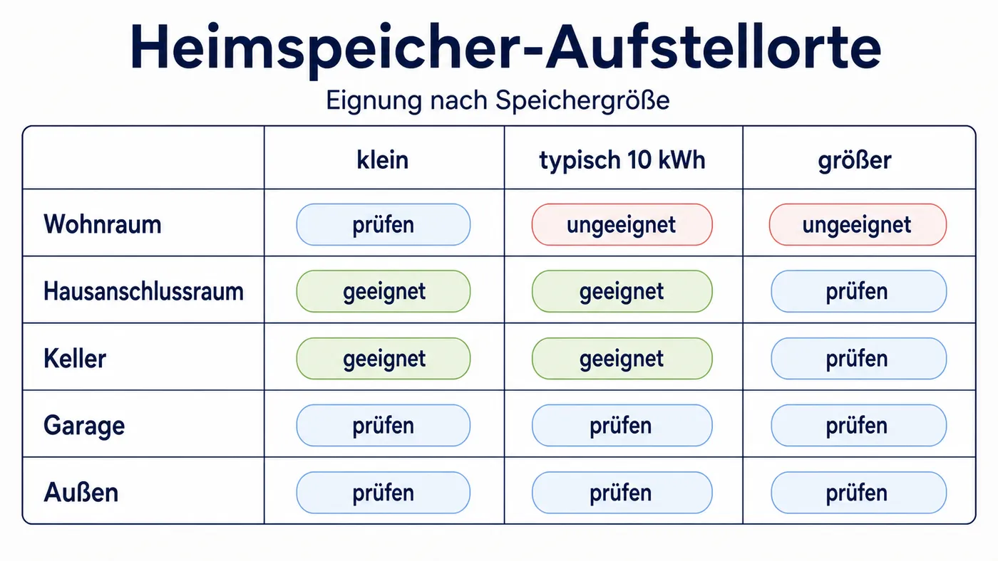 Matrix für Heimspeicher-Aufstellorte nach Raumtyp und Energiegehalt.