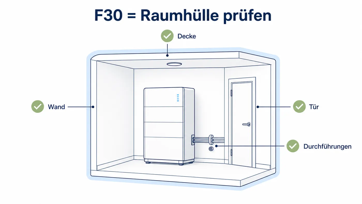F30-Raumhülle mit Wand, Decke, Tür und Leitungsdurchführungen.