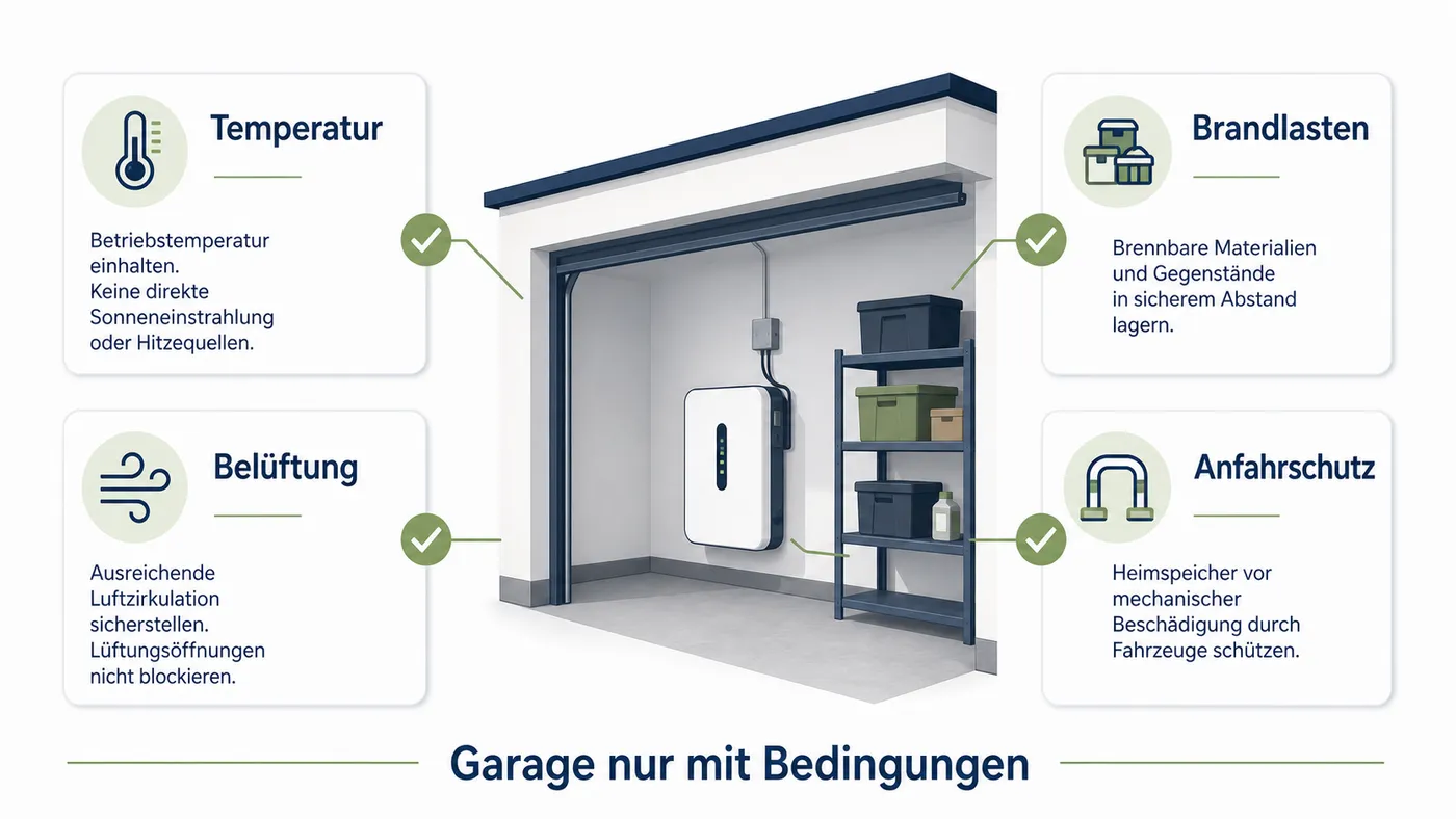 Vier Prüfpunkte für Heimspeicher in der Garage: Temperatur, Brandlast, Belüftung und Anfahrschutz.