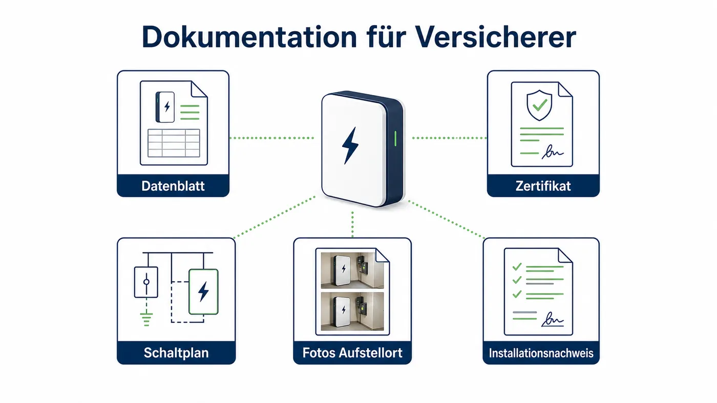 Dokumentationspaket für Heimspeicher-Brandschutz mit Datenblatt, Zertifikat, Fotos und Installationsnachweis.