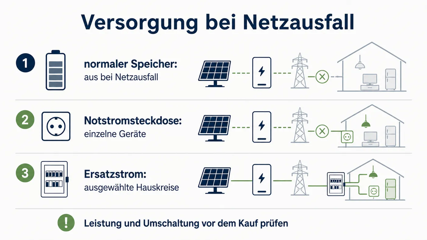 Drei Stufen vergleichen normalen PV-Speicher, Notstromsteckdose und Ersatzstrom für ausgewählte Hauskreise.