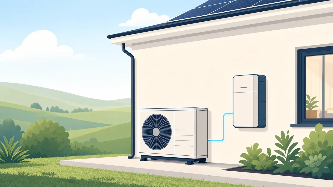 Wärmepumpe und Heimspeicher nebeneinander an einer Hauswand als ruhige Gartenszene.