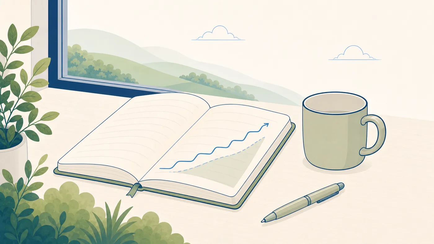 Aufgeschlagenes Notizbuch mit abstrakter Stufenkurve neben einer Tasse und einem Stift auf einem hellen Tisch, Editorial-Illustration.