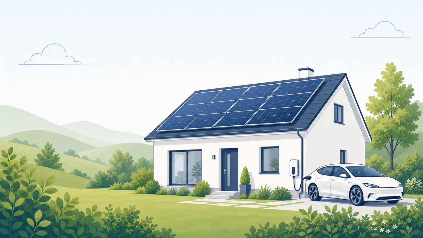 Einfamilienhaus mit Aufdach-Solaranlage und einem generischen E-Auto an einer Wallbox vor gestaffelten Hügeln, Editorial-Illustration.