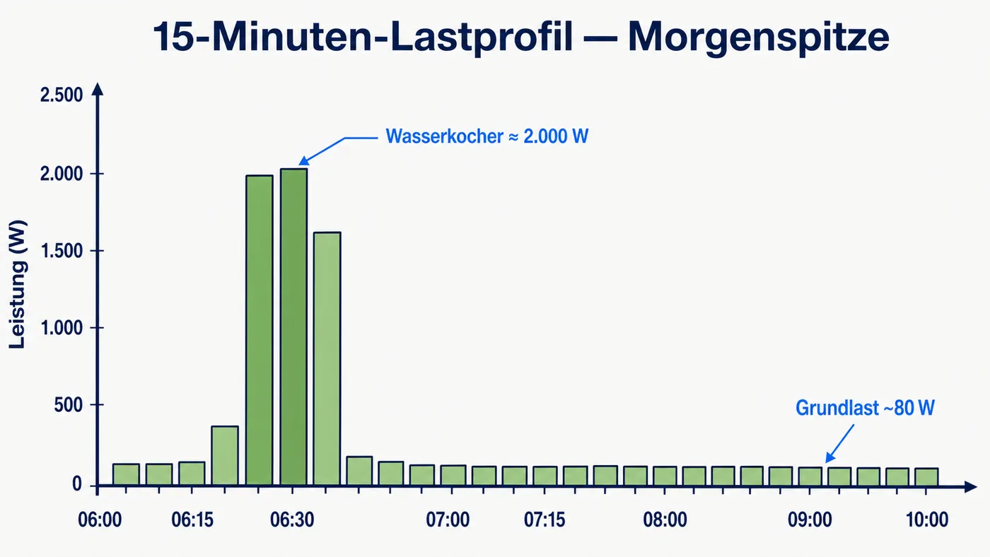 Lastprofil-Ausschnitt von sechs bis zehn Uhr mit 15-Minuten-Balken und markiertem Wasserkocher-Spitzenwert von rund 2.000 Watt.