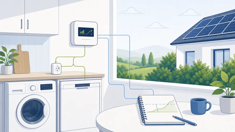 Haushaltsgeräte, Smart Plug und PV-Dach als Symbol für Lastverschiebung im Haushalt.