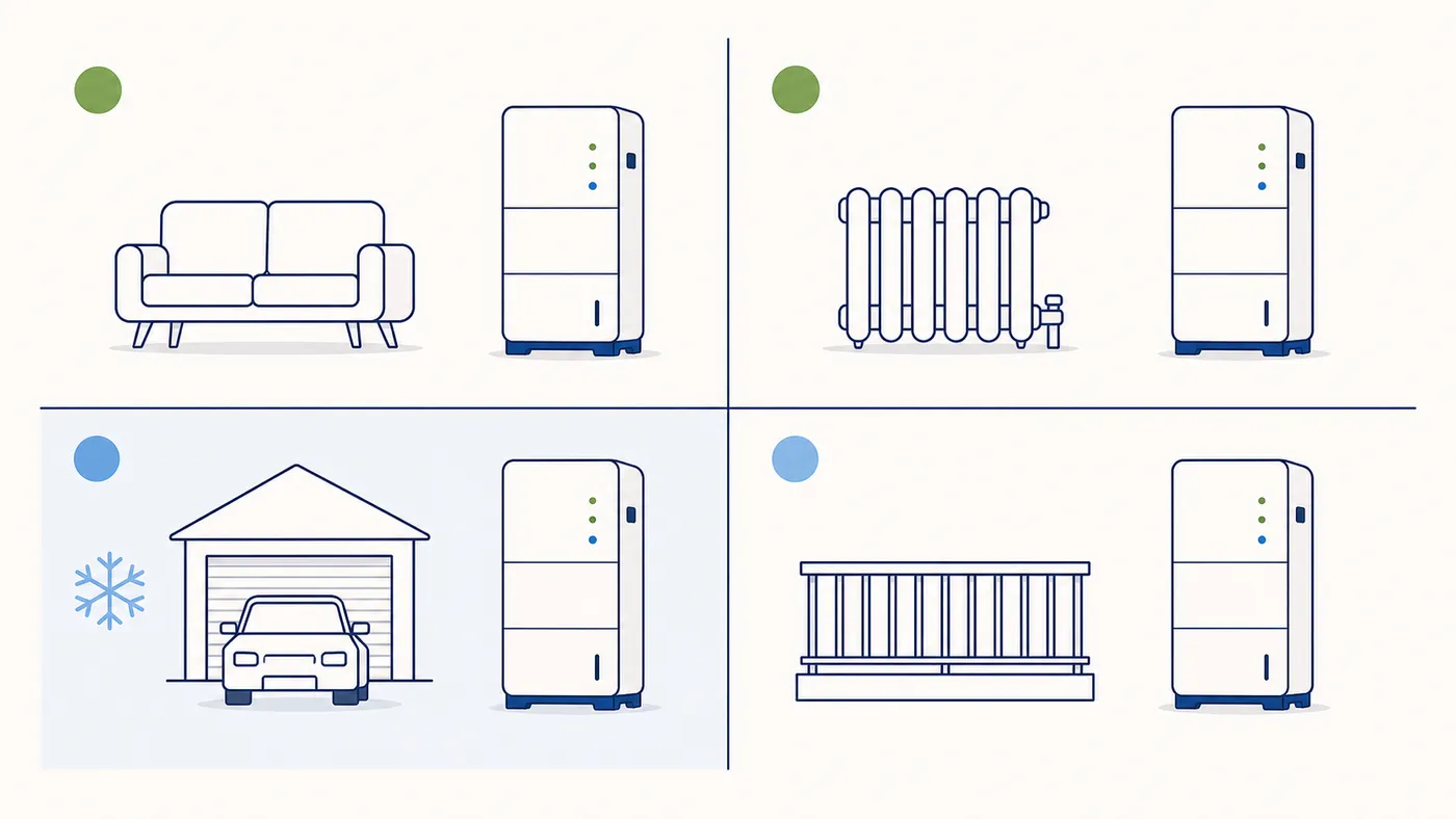 Vier-Felder-Matrix der Aufstellorte Wohnraum, Garage, Hauswirtschaft und Balkon mit der jeweils passenden Speicher-Zellchemie.