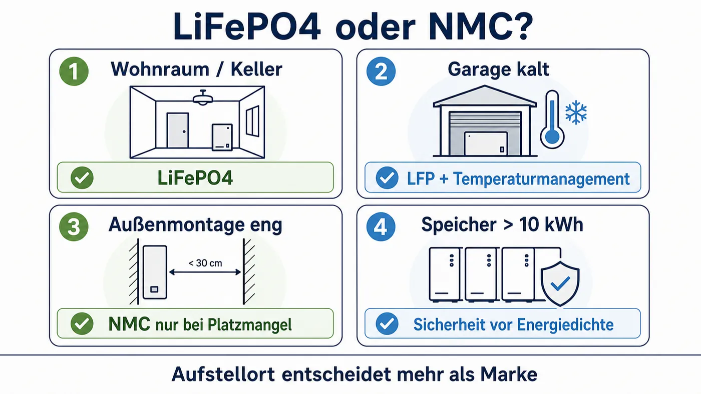 Vier-Karten-Schema mit den Entscheidungs-Schwellen für LiFePO4 oder NMC nach Aufstellort und Speichergröße.